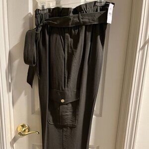 Loft Olive Pants, Paper Bag Elastic Waist, Cargo Pockets, Self Tie Belt, Size XL
